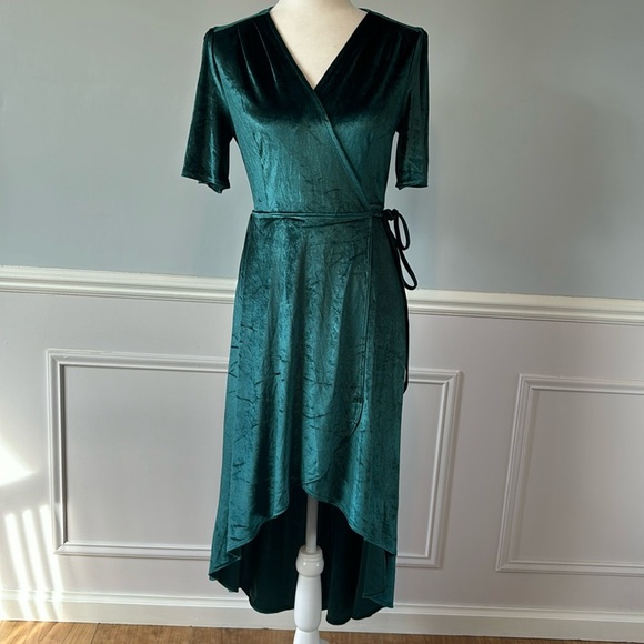Lulu's Amour Teal Green Velvet High-Low Wrap Dress Size Large - Picture 3 of 11